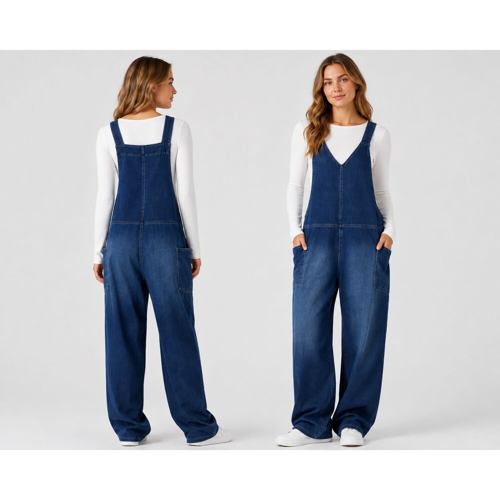 Halara Women’s M Blue Washed Denim Like V Neck Pocket Wide Leg Overalls Jumpsuit